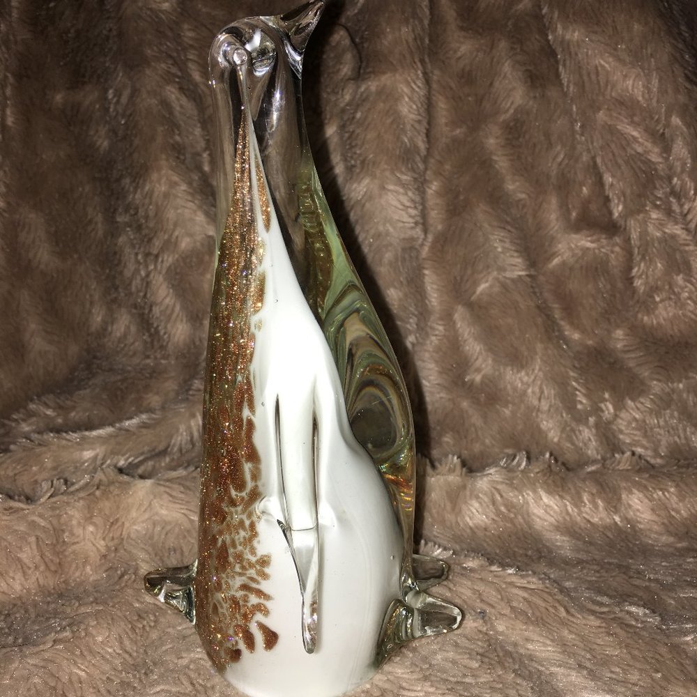 Penguin Handblown Art Glass 8-inches Copper Glitter